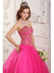 Hot Pink A-Line / Princess Sweetheart Floor-length Satin and Organza Beading Quinceanera Dress