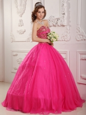 Hot Pink A-Line / Princess Sweetheart Floor-length Satin and Organza Beading Quinceanera Dress