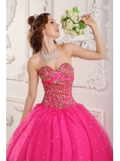 Hot Pink A-Line / Princess Sweetheart Floor-length Satin and Organza Beading Quinceanera Dress