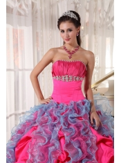 Hot Pink and Aqua Blue Ball Gown Strapless Floor-length Organza and Taffeta Beading and Ruffles Quinceanera Dress