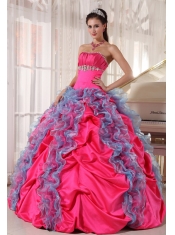 Hot Pink and Aqua Blue Ball Gown Strapless Floor-length Organza and Taffeta Beading and Ruffles Quinceanera Dress