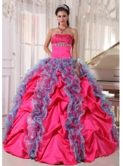 Hot Pink and Aqua Blue Ball Gown Strapless Floor-length Organza and Taffeta Beading and Ruffles Quinceanera Dress