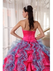 Hot Pink and Aqua Blue Ball Gown Strapless Floor-length Organza and Taffeta Beading and Ruffles Quinceanera Dress