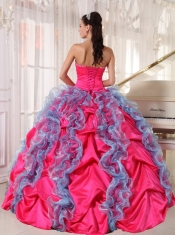 Hot Pink and Aqua Blue Ball Gown Strapless Floor-length Organza and Taffeta Beading and Ruffles Quinceanera Dress