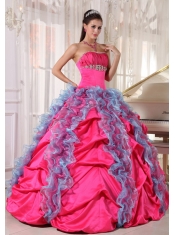 Hot Pink and Aqua Blue Ball Gown Strapless Floor-length Organza and Taffeta Beading and Ruffles Quinceanera Dress