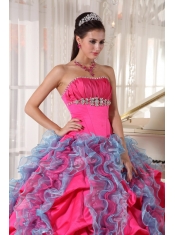 Hot Pink and Aqua Blue Ball Gown Strapless Floor-length Organza and Taffeta Beading and Ruffles Quinceanera Dress