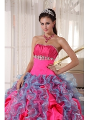 Hot Pink and Aqua Blue Ball Gown Strapless Floor-length Organza and Taffeta Beading and Ruffles Quinceanera Dress