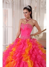 Hot Pink and Orange Ball Gown Sweetheart Floor-length Organza Sequins Quinceanera Dress