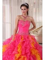 Hot Pink and Orange Ball Gown Sweetheart Floor-length Organza Sequins Quinceanera Dress