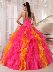 Hot Pink and Orange Ball Gown Sweetheart Floor-length Organza Sequins Quinceanera Dress
