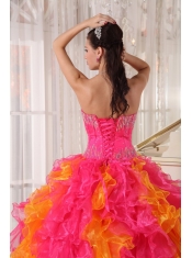 Hot Pink and Orange Ball Gown Sweetheart Floor-length Organza Sequins Quinceanera Dress