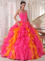 Hot Pink and Orange Ball Gown Sweetheart Floor-length Organza Sequins Quinceanera Dress