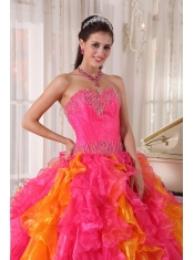 Hot Pink and Orange Ball Gown Sweetheart Floor-length Organza Sequins Quinceanera Dress