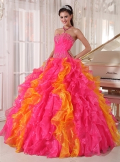 Hot Pink and Orange Ball Gown Sweetheart Floor-length Organza Sequins Quinceanera Dress