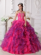 Hot Pink and Purple Ball Gown Sweetheart Floor-length Satin and Organza Embroidery Quinceanera Dress
