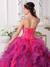 Hot Pink and Purple Ball Gown Sweetheart Floor-length Satin and Organza Embroidery Quinceanera Dress