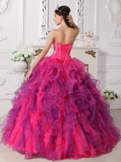 Hot Pink and Purple Ball Gown Sweetheart Floor-length Satin and Organza Embroidery Quinceanera Dress