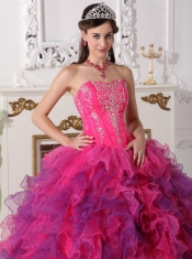 Hot Pink and Purple Ball Gown Sweetheart Floor-length Satin and Organza Embroidery Quinceanera Dress