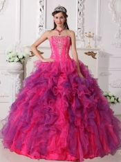 Hot Pink and Purple Ball Gown Sweetheart Floor-length Satin and Organza Embroidery Quinceanera Dress