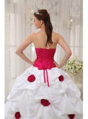 Hot Pink and White Ball Gown Strapless Taffeta   Hand Made Flowers Quinceanera Dress