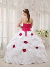 Hot Pink and White Ball Gown Strapless Taffeta   Hand Made Flowers Quinceanera Dress