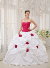 Hot Pink and White Ball Gown Strapless Taffeta   Hand Made Flowers Quinceanera Dress