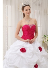 Hot Pink and White Ball Gown Strapless Taffeta   Hand Made Flowers Quinceanera Dress