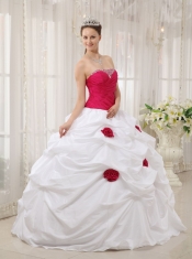 Hot Pink and White Ball Gown Strapless Taffeta   Hand Made Flowers Quinceanera Dress