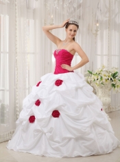 Hot Pink and White Ball Gown Strapless Taffeta   Hand Made Flowers Quinceanera Dress