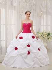Hot Pink and White Ball Gown Strapless Taffeta Hand Made Flowers Quinceanera Dress