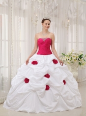 Hot Pink and White Ball Gown Strapless Taffeta   Hand Made Flowers Quinceanera Dress