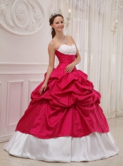 Hot Pink and White Ball Gown Sweetheart Floor-length Taffeta Beading and Pick-ups Quinceanera Dress