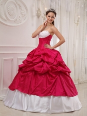 Hot Pink and White Ball Gown Sweetheart Floor-length Taffeta Beading and Pick-ups Quinceanera Dress