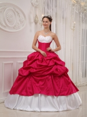 Hot Pink and White Ball Gown Sweetheart Floor-length Taffeta Beading and Pick-ups Quinceanera Dress