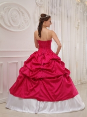 Hot Pink and White Ball Gown Sweetheart Floor-length Taffeta Beading and Pick-ups Quinceanera Dress