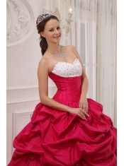 Hot Pink and White Ball Gown Sweetheart Floor-length Taffeta Beading and Pick-ups Quinceanera Dress