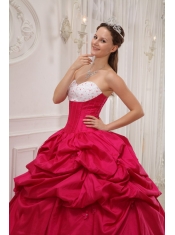 Hot Pink and White Ball Gown Sweetheart Floor-length Taffeta Beading and Pick-ups Quinceanera Dress