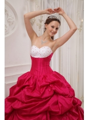 Hot Pink and White Ball Gown Sweetheart Floor-length Taffeta Beading and Pick-ups Quinceanera Dress