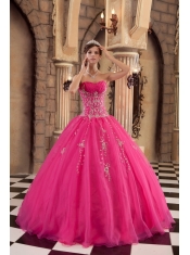 Hot Pink Ball Gown Floor-length Organza Beading Hot Pink Quinceanera Dress