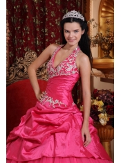 Hot Pink Ball Gown Halter Floor-length Taffeta Appliques Sweet 16 Dress