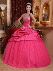 Hot Pink Ball Gown Halter Floor-length Taffeta Appliques Sweet 16 Dress