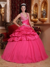 Hot Pink Ball Gown Halter Floor-length Taffeta Appliques Sweet 16 Dress