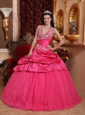 Hot Pink Ball Gown Halter Floor-length Taffeta Appliques Sweet 16 Dress