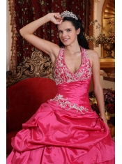 Hot Pink Ball Gown Halter Floor-length Taffeta Appliques Sweet 16 Dress