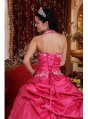 Hot Pink Ball Gown Halter Floor-length Taffeta Appliques Sweet 16 Dress