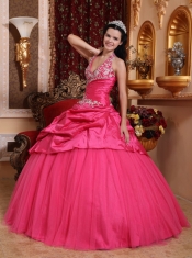 Hot Pink Ball Gown Halter Floor-length Taffeta Appliques Sweet 16 Dress