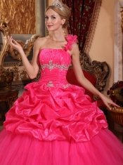 Hot Pink Ball Gown One Shoulder Floor-length Organza Beading and Pick-ups Quinceanera Dress