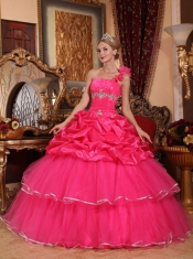 Hot Pink Ball Gown One Shoulder Floor-length Organza Beading and Pick-ups Quinceanera Dress