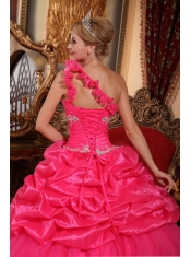 Hot Pink Ball Gown One Shoulder Floor-length Organza Beading and Pick-ups Quinceanera Dress