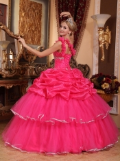 Hot Pink Ball Gown One Shoulder Floor-length Organza Beading and Pick-ups Quinceanera Dress